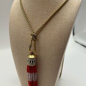 Stella & Dot Gold Chain Necklace with Red and Cream Beaded Tassel Pendant